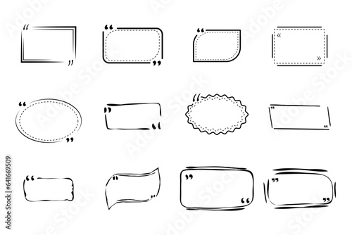 Set quote text box, frames border in hand drawn doodle style isolated. Bubble, review template.