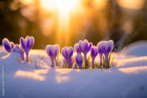 Spring landscape with first flowers purple crocuses on the snow in nature in the rays of sunlight. Generative AI