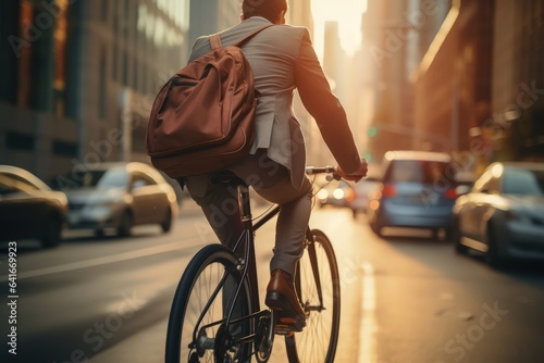 Cycling commuter - back view of a young Caucasian man riding a bicycle on a road in a city street. Blurry city street on background. © Stavros