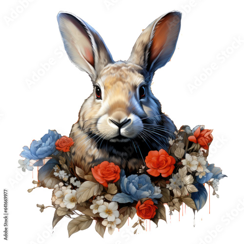 A watercolor painting of a rabbit wearing a T-shirt adorned with an elegant array of vintage-style flowers, Generative Ai