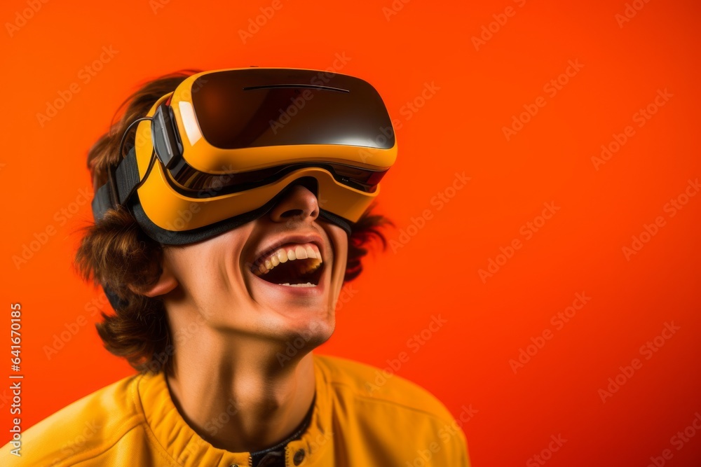 Headshot portrait photography of a joyful boy in his 20s playing with virtual reality mask against a bright orange background. With generative AI technology Headshot portrait photography of a joyful boy in his 20s playing with virtual reality mask against a bright orange background. With generative AI technology