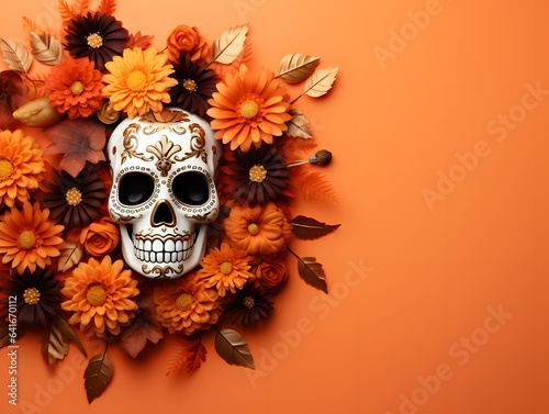 Day of The Dead sugar skull with flowers on orange background. Copy space