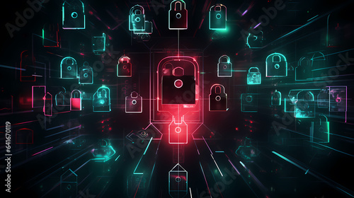 Hacker attack system, cybersecurity hologram and lock icons