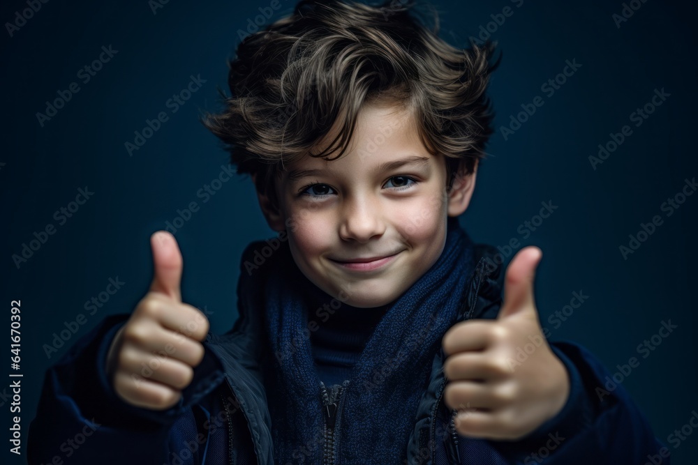 Close-up portrait photography of a beautiful boy in his 30s showing a thumb up against a deep indigo background. With generative AI technology Close-up portrait photography of a beautiful boy in his 30s showing a thumb up against a deep indigo background. With generative AI technology