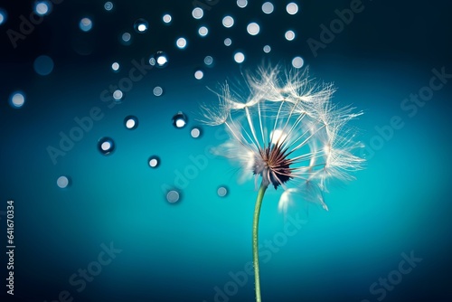 A drop of water on dandelion parachute on beautiful dark blue background. Bright elegant colorful artistic image of beauty of nature  Generative AI