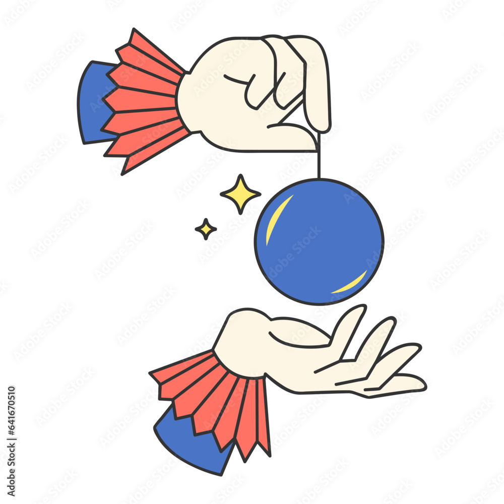Floating crystal ball trick line filled illustration Stock Vector
