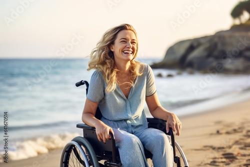 No one can take away the love of life from me. Smiling middle aged woman in a wheelchair enjoying the ocean at the beach.