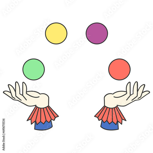 Magician hand juggling balls line filled illustration