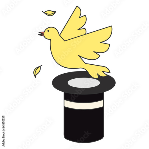 Pigeon flying out of hat trick line filled illustration