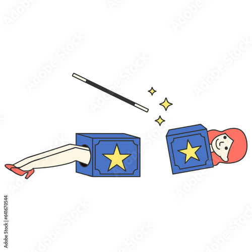 Sawing person in half trick line filled illustration