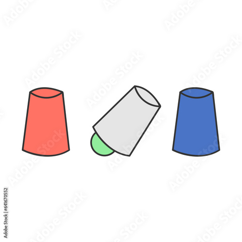 Three cups and ball trick line filled illustration