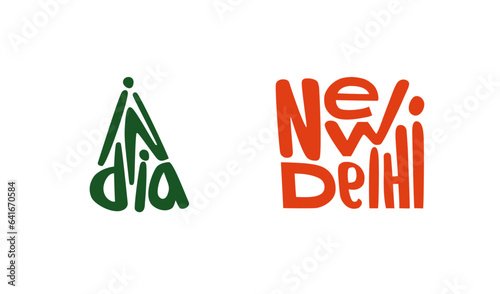 India. New Delhi. Names of world capitals. Design elements. Concept lettering