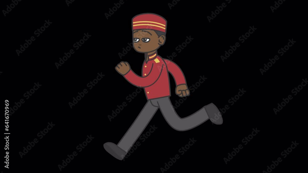 Black male bellboy runs to customers. Looped 4K video with alpha-channel. Black male bellboy runs to customers. Looped 4K video with alpha-channel.