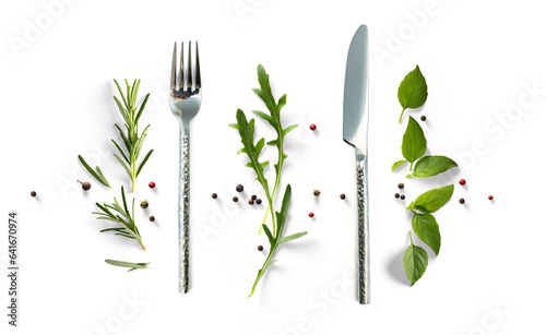 silverware and fresh mediterranean herb and spices with real transparent shadow isolated on transparent background. PNG Food cooking background design element