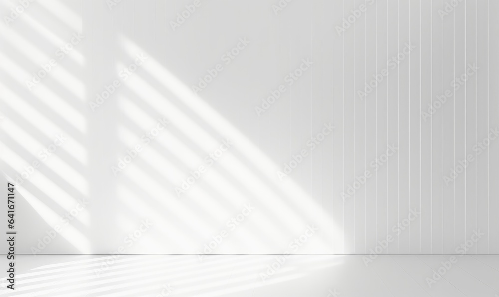 Abstract window sunlight on empty white wall 3d morning interior background display of blank sun light shadow modern panel backdrop for sunny room space wallpaper studio and cozy, Generative AI - obrazy, fototapety, plakaty 