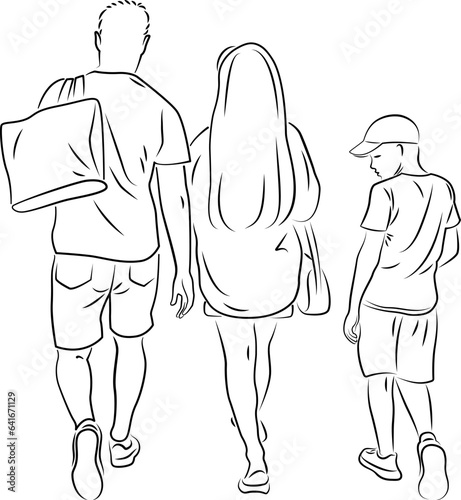 Walking young couple and a boy, back view. Black sketch, line art. 