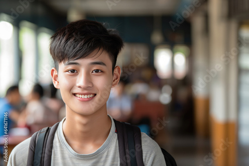 Smiling asian boy student portrait in classroom
