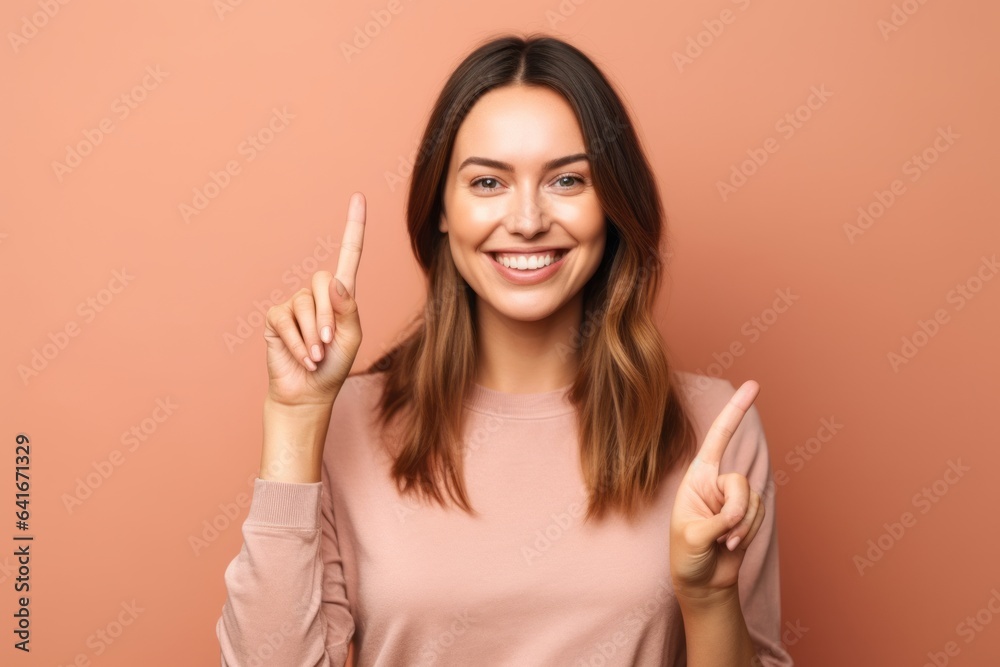 Headshot portrait photography of a joyful girl in her 30s making an ok gesture with the fingers against a dusty rose background. With generative AI technology Headshot portrait photography of a joyful girl in her 30s making an ok gesture with the fingers against a dusty rose background. With generative AI technology