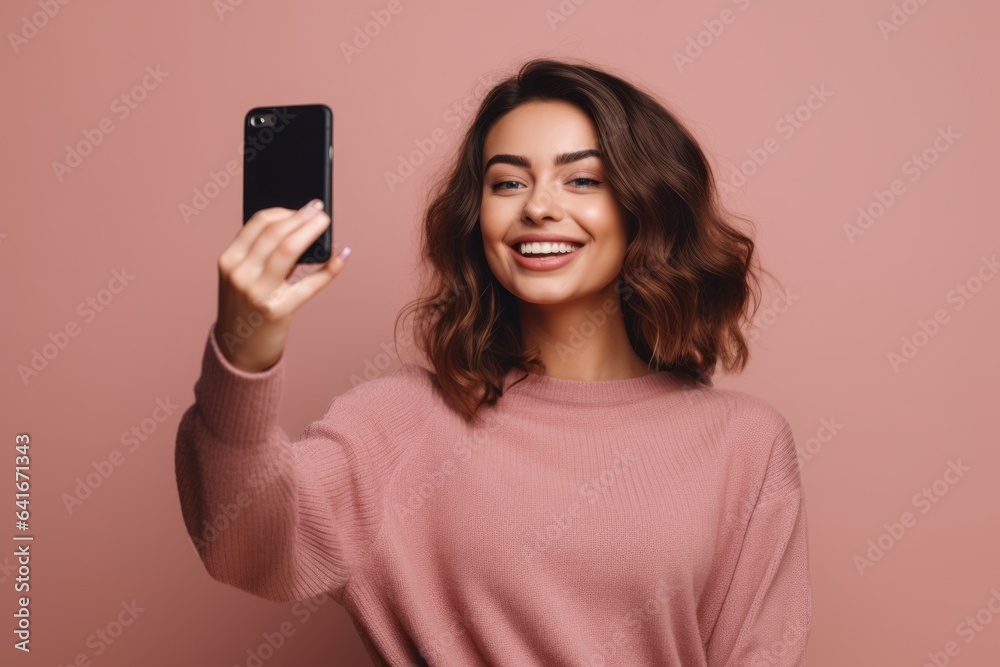 Medium shot portrait photography of a glad girl in her 30s taking a selfie with his mobile against a dusty rose background. With generative AI technology Medium shot portrait photography of a glad girl in her 30s taking a selfie with his mobile against a dusty rose background. With generative AI technology