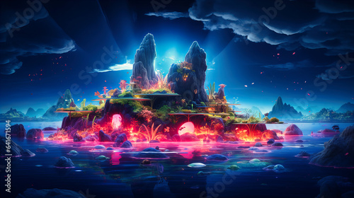 n archipelago of neon islands, floating in a luminescent sea