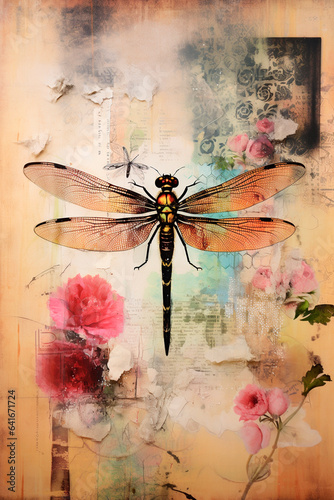 Collage art, dragon-fly, collage style mixed media style, stencil graffiti, multi-layered textures, babycore, blink-to-miss detail, french realism, catcore