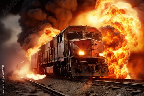 Train derailed exploding with fire and smoke. Tanks burning fire with pesticides. Wagons freight train carrying hazardous substances derailed. Concept technogenic disaster.