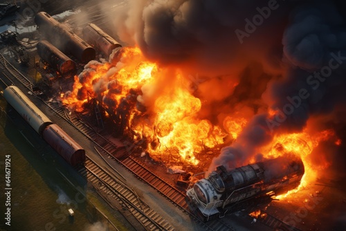 Aerical top view of a train derailed exploding with fire and smoke. Tanks burning fire with pesticides. Wagons freight train carrying hazardous substances derailed. Concept technogenic disaster.