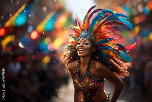 Beautiful exotic woman dancing on the streets during carnival. © radekcho