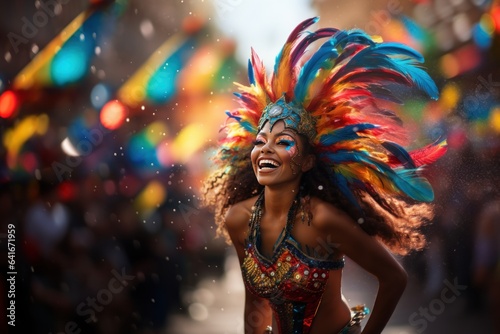 Beautiful exotic woman dancing on the streets during carnival.