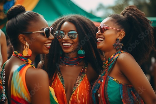 a photo of three diverse young women in stylish funky african clothes smiling at the colorful music festival, female friendship representation.