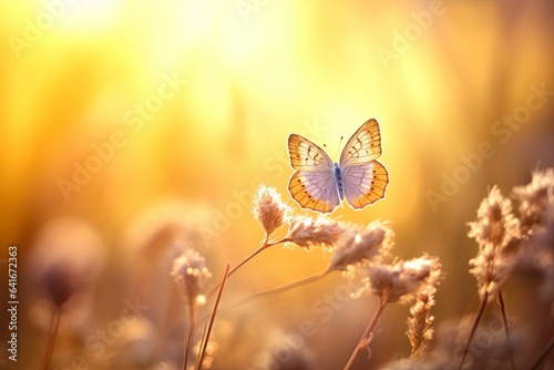 Golden butterfly glows in the sun at sunset, macro. Wild grass on a meadow in the summer in the rays of the golden sun. Romantic gentle artistic image, Generative AI