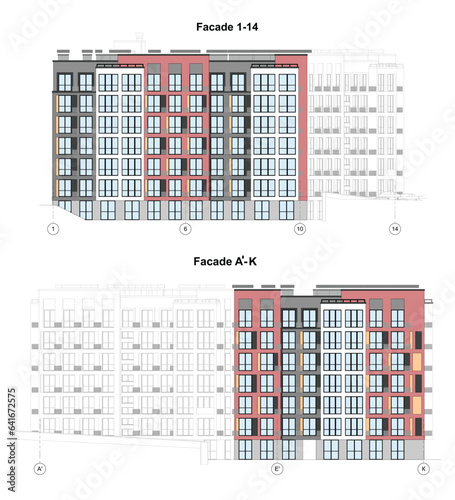 Vector architectural project of a multistory building facades