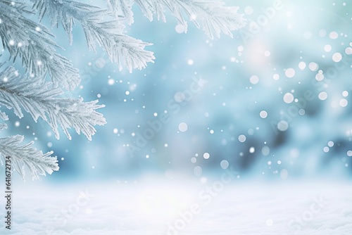 Beautiful winter background image of frosted spruce branches and small drifts of pure snow with bokeh Christmas lights and space for text, Generative AI © Picture Perfection