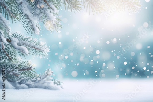 Beautiful winter background image of frosted spruce branches and small drifts of pure snow with bokeh Christmas lights and space for text, Generative AI