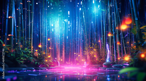 A forest of neon bamboo  whispering secrets of the glowing night