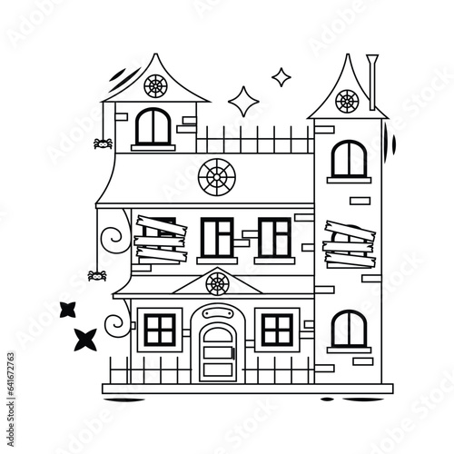 Halloween cartoon elements. Old scary house with spiders. Line art.