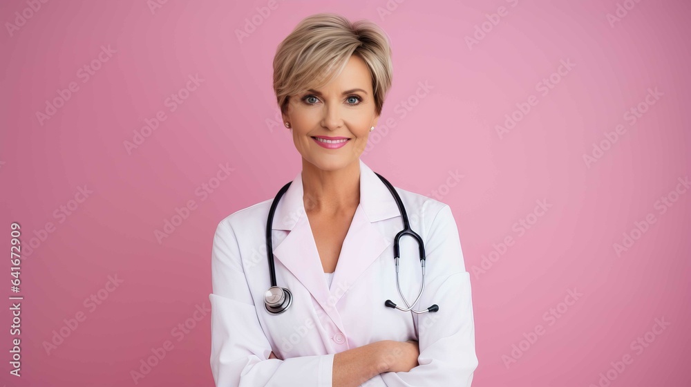Female doctor over pink background for Breast Cancer Awareness. Generative AI. Female doctor over pink background for Breast Cancer Awareness. Generative AI.