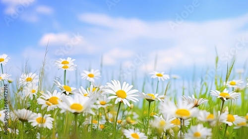 Many daisies in the field in green grass in wind against blue sky with clouds. Natural landscape with wild meadow flowers, wide format, copy space, Generative AI