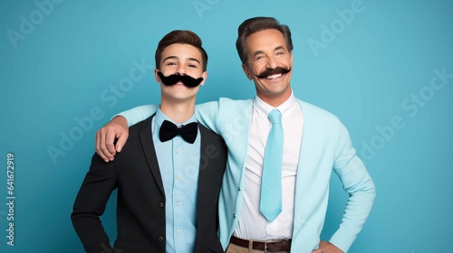 Father and son with mustaches over blue background for Movember. photo