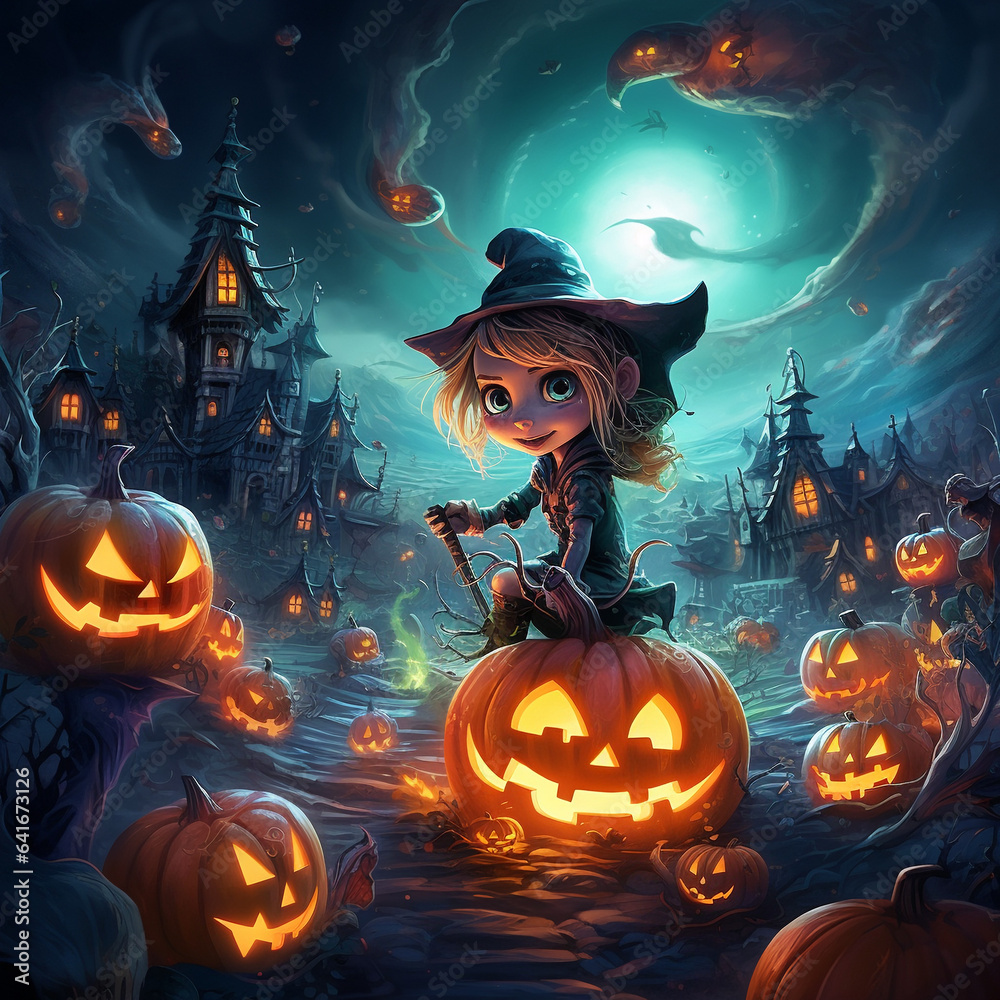 halloween cartoon  witch girl with pumpkin