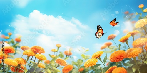 Bright colorful summer spring flower border. Natural landscape with many orange lantana flowers and fluttering butterflies Lycaena phlaeas against blue sky on sunny, Generative AI photo