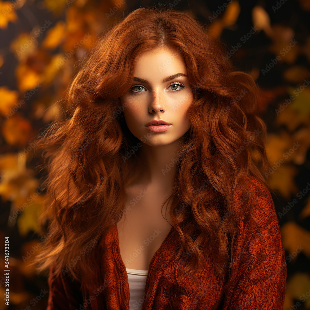 Portrait of attractive redhead woman model, symbolizing the autumn season. Background with blurred autumn leaves. Generative Ai