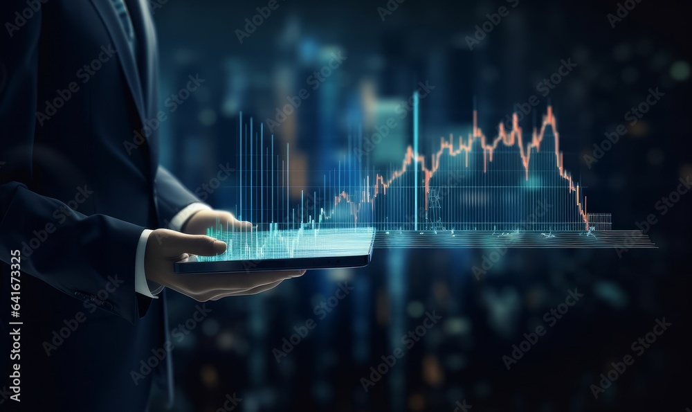 Businessman holding stock tablet and market economy graph statistic showing growth of profit analyzing financial exchange on increase money background with trade chart finance data, Generative AI - obrazy, fototapety, plakaty 