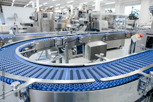 Empty modern conveyor belt of production line, part of industrial equipment in factory plant. Automatic system line
