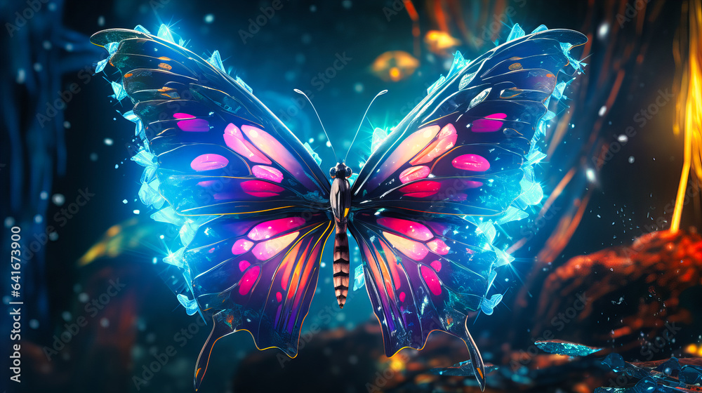 Neon chrysalis transforming into radiant abstract butterflies - obrazy, fototapety, plakaty 