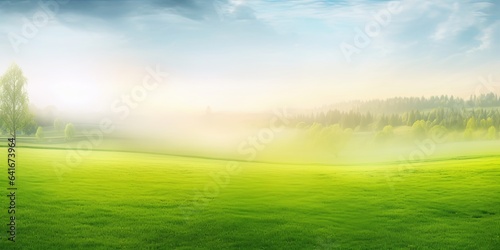 Beautiful panorama of a flowering rapeseed field Against the background of a blurred blue sky with clouds, Generative AI