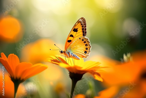 Beautiful cute yellow butterfly on orange flower in nature outdoors in spring summer on bright sunny day, macro. Beautiful blurry bokeh, Generative AI
