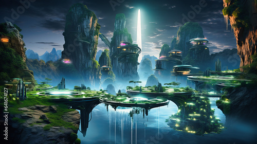 Neon dreamscape with floating islands and radiant waterfalls
