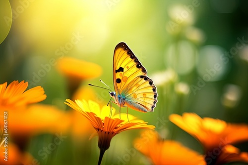 Beautiful cute yellow butterfly on orange flower in nature outdoors in spring summer on bright sunny day, macro. Beautiful blurry bokeh, Generative AI © Picture Perfection