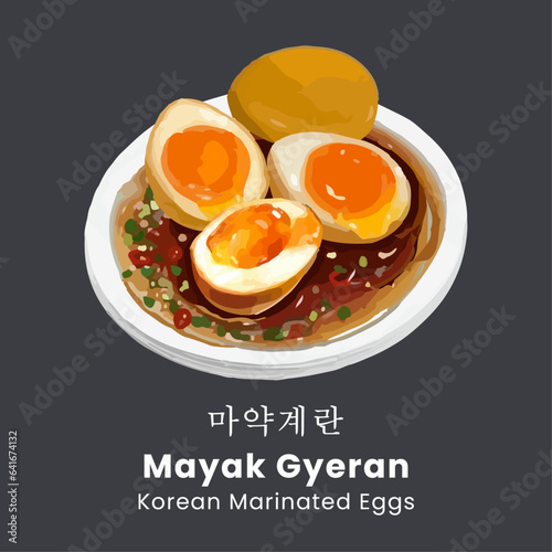 Mayak Gyeran is Korean Marinated Eggs with soy sauce, chili, garlic, honey, water, spring onion and sesame seed. Hand drawn watercolor vector illustration.